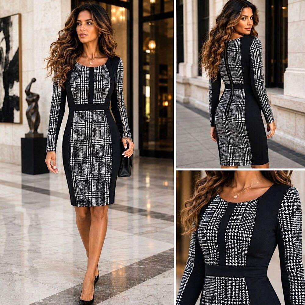 NWT GUESS Amelia Dress 6 Black White Houndstooth Bodycon Sheath Quiet Luxury